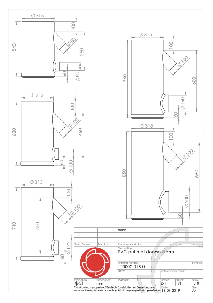 Technische tekening PVC putten met doorspuitarm